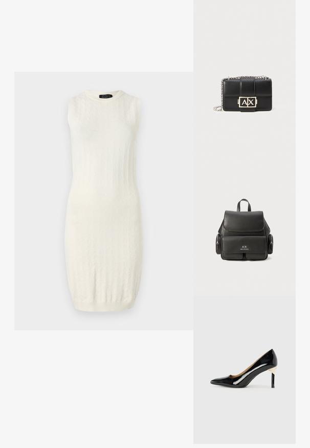 Rochie crem fără mâneci, cu un model texturat de tricot, decolteu rotund și siluetă ajustată, care se termină puțin deasupra genunchiului.; Pantofii cu toc înalt din piele patent neagră, cu vârf ascuțit și design cu decupaje; prezintă un accent elegant din aur pe toc. Simpli și eleganți.; Rucsac din piele neagră, cu închidere cu clapetă, buzunar frontal, compartimente cu fermoar pe lateral și un mâner de sus. Prezentă detalii cu sigla în față.; Geantă de umăr din piele neagră, cu un design matlasat, curea din lanț argintie și un logo argintiu "AX" proeminent pe față. Formă compactă, rectangulară.