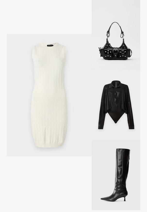 Vestido sin mangas en color crema con un patrón de punto texturizado, escote redondo y silueta ajustada, que termina justo por encima de la rodilla.; Bodysuit negro de mangas largas, escote en V y silueta ajustada. Fabricado en un tejido brillante y suave con un cuello estructurado y puños.; Bota de cuero negra hasta la rodilla con punta afilada y tacón delgado curvado. Textura suave, diseño ajustado y sin hardware ni patrones visibles.; Bolso de mano de cuero negro con un diseño curvado, que cuenta con tachuelas plateadas, una hebilla y dos bolsillos laterales. Correa ajustable para opciones de transporte.