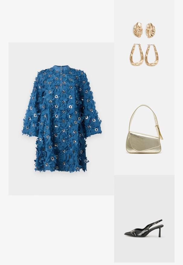Rochie teal cu decolteu pentru butoane, mâneci trei sferturi și aplicații florale. Are accente metalice și un design de țesătură texturată, stratificată.; Pantofii slingback din piele lăcuită neagră, cu vârf ascuțit, bretele pentru gleznă cu catarame și accesorii din argint, și un toc subțire.; Geantă de umăr metalică aurie cu un design structurat, textură netedă și curea reglabilă. Prezintă o formă triangulară unică și cusături minimaliste.; Cercei aurii cu forme texturate și ondulate. Include studs sculpturale cu clip și un design de cerc deschis cu un finisaj cioplit.