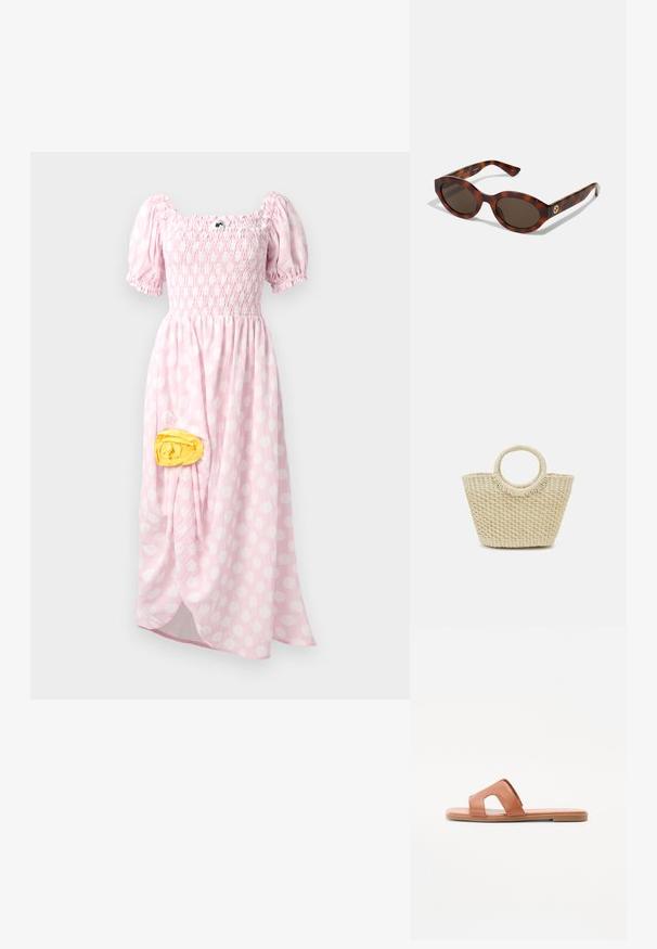 Maxikleid in Hellrosa mit weißen Punkten, gerafftem Oberteil, kurzen Puffärmeln und einem gelben Stoffdetail an der Seite.; Braune Leder-Slipper mit offenem Zehendesign, breitem Riemen mit Ausschnittdetails, flacher Sohle und glatter Textur.; Schildpatt-Sonnenbrillen mit runden Rahmen, dunklen Gläsern und goldfarbener Logodetailierung an den Schläfen. Glattes Kunststoffmaterial, keine sichtbaren Muster.; Sensi Studio MINI MINI CANASTA HANDBAGS - Handtasche - natural