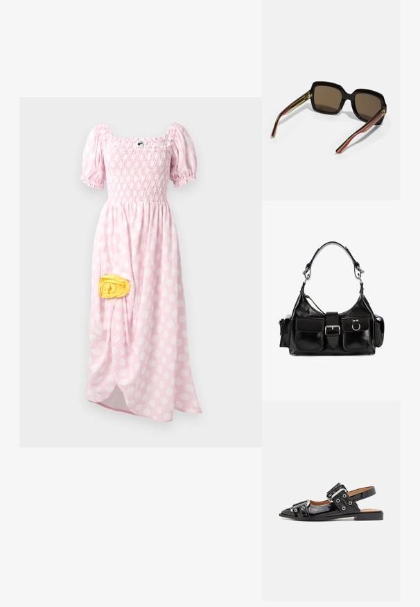 Maxi dress in light pink with white polka dots, smocked bodice, short puff sleeves, and a yellow fabric detail on the side.; Black patent leather slingback shoe with a pointed toe, featuring two large buckle accents and grommet detailing on the sides. Flat sole.; Black oversized sunglasses with brown lenses. Features unique striped arms in green and red, and gold hardware accents. Square shape.; Black leather handbag with a glossy finish, featuring a central buckle, two front pockets, and a short shoulder strap.