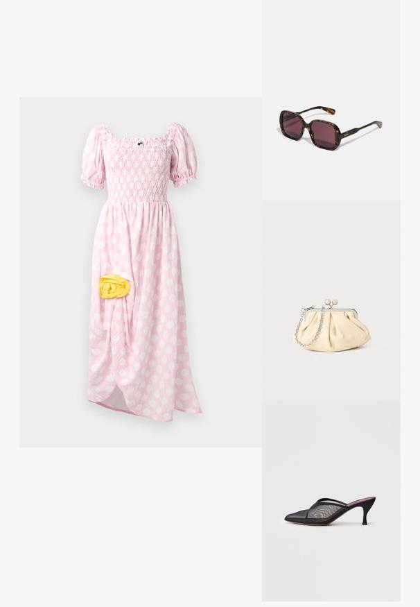 Abito lungo di colore rosa chiaro con pois bianchi, corpetto arricciato, maniche a sbuffo corte e un dettaglio in tessuto giallo sul lato.; Mule nera in rete con punta affusolata, cinturini sottili e tacco a stiletto di 3 pollici. Presenta una texture trasparente e una suola monocolore.; Occhiali da sole quadrati con montatura a tartaruga, lenti viola scuro e accenti dorati con logo sulle astine. Presentano un design elegante e audace con finitura lucida.; Clutch in pelle beige plissettata con una struttura in metallo argento, dotata di due chiusure decorative rotonde e una tracolla in catena argentata.
