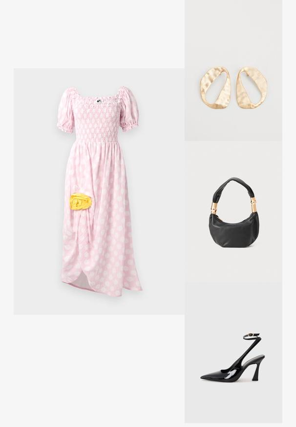 Robe maxi rose clair avec des pois blancs, corsage froncé, manches courtes bouffantes et un détail en tissu jaune sur le côté.; Escarpins noirs en cuir verni avec un bout pointu, sangle ajustable à la cheville et un talon bloc modéré. Texture lisse avec finition brillante.; Sac à main en cuir noir de forme ronde, texture douce, et avec une anse nouée ornée d'accents en matériel doré. Fermeture éclair.; Une paire de boucles d'oreilles en métal doré, de forme ovales irrégulières, avec une surface texturée et légèrement martelée sur fond blanc.
