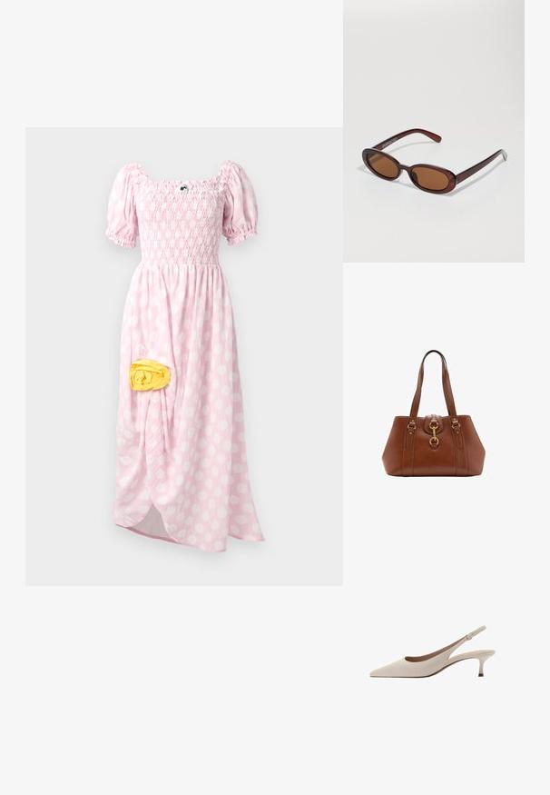 Robe maxi rose clair avec des pois blancs, corsage froncé, manches courtes bouffantes et un détail en tissu jaune sur le côté.; Des escarpins slingback beiges avec un bout pointu et un talon évasé bas. Fabriqués en cuir lisse avec un design minimaliste et une sangle réglable.; Lunettes de soleil rondes teinte brun avec une monture bordeaux brillante. Branches fines avec un détail de marque subtil. Design de verres plats.; Sac à main en cuir marron avec deux poignées, de forme arrondie, matériel en or et un détail de boucle central. Texture lisse avec des accents cousus.