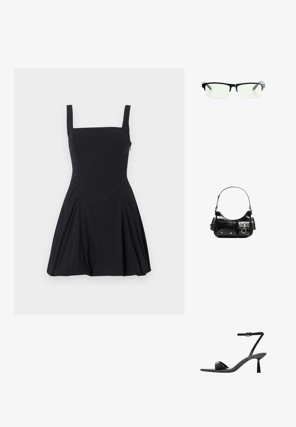 Črna brezrokavna obleka s kvadratnim izrezom, oprijetim zgornjim delom in razširjenim krilom. Narejena iz mehke tkanine, vsebuje podrobnosti šivov.; Bershka Sandali z visoko peto - black; Črne pravokotne očala z prozornimi lečami, ki imajo elegantne črne okvirje in siva prozorna ročaja. Minimalistična zasnova, brez vidne blagovne znamke.; Črna lakasta usnjena torbica s ukrivljeno obliko, enim ramenskim trakom, sprednjimi žepi in srebrnimi kovinskimi dodatki.