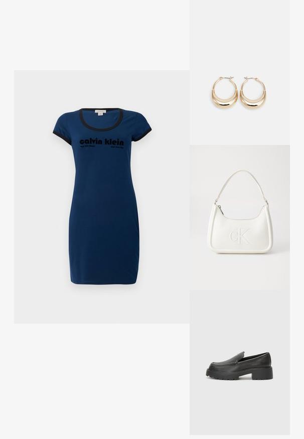 Tengerészkék pamutruha rövid ujjakkal, kerek nyakkivágással, fekete díszítéssel, a "Calvin Klein" logóval vastag fekete betűkkel.; Fekete bőr loafer cipők kerek orral, vastag, texturált talppal és minimális varrási részletekkel. Áramvonalas dizájn, látható fűzők vagy fém részek nélkül.; Fehér bőrtáska ívelt formájú, elöl feltűnő "CK" logóval, egyetlen vállpánttal. Cipzáras zárás a tetején.; Aranyszínű, félhold alakú fülbevalók, polírozott felülettel és zsanéros záródással. A sima textúra és a fényes felület fokozza a láthatóságot.