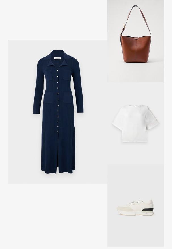 Rochie tricotată de culoare bleumarin, cu guler, nasturi pe față și două buzunare pe piept. Prezintă o textură verticală cu rigle și o deschidere frontală pentru mai multă libertate de mișcare.; Top alb cu mânecă scurtă, cu decolteu rotund și accente din dantelă pe mâneci. Realizat dintr-un material neted, având o croială ușor scurtă.; Adidași albi cu vârf din suede texturat, parte superioară din plasă netedă, șireturi decorative și un accent din cauciuc negru la toc.; Geantă de umăr din piele maro, cu o formă curbată, textură netedă și o curea subțire. Prezintă o cusătură subtilă și un detaliu mic cu logo.