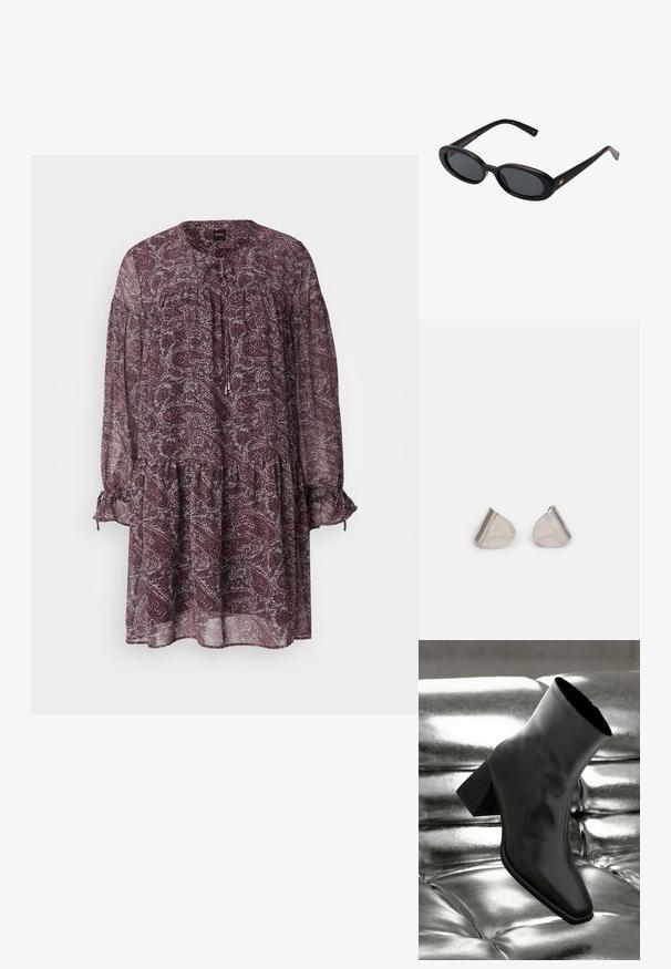 Lagana, prozirna haljina u tamnocrvenoj boji s cvjetnim uzorkom. Ima okrugli izrez, detalj s vezanjem i nabranim rukavima s elastičnim manžetama.; Crni gležnjača napravljena od sjajnog materijala sa četvrtastim vrhom i suženom petom, postavljena protiv srebrne sjajne pozadine sa nabranim uzorkom.; Crne velike sunčane naočale s ovalnim staklima, glatkim plastičnim okvirom i zlatnim detaljima na sljepočnicama. Tamna stakla pružaju zaštitu od sunca.; Srebrne metalne naušnice s glatkim, oblikom suze i poliranim završetkom. Suptilni utori dodaju detalje. Minimalistički dizajn.