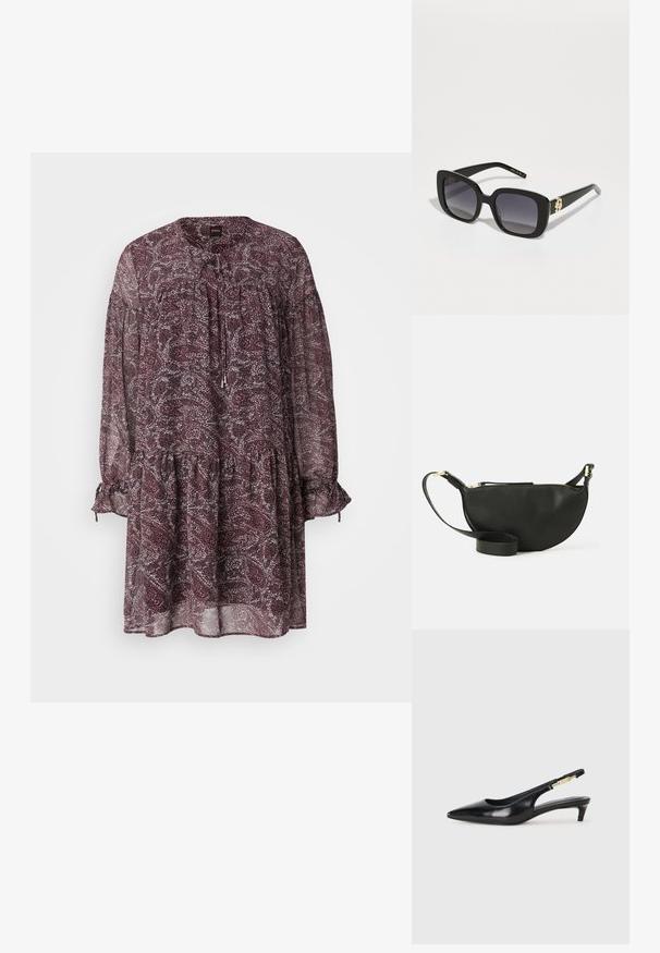 Vestido fluido y transparente en un tono marrón oscuro con un patrón floral. Presenta un escote redondo, un detalle de lazo y mangas recogidas con puños elásticos.; Tacones negros de piel sintética tipo slingback con punta afilada, que cuentan con un tacón delgado y un detalle en tono dorado en la correa ajustable. Textura suave.; BOSS Gafas de sol - black; Bolso de cuero negro cruzado con forma de media luna, superficie texturizada, cierre de cremallera dorado y una correa plana. Diseño compacto adecuado para lo esencial.