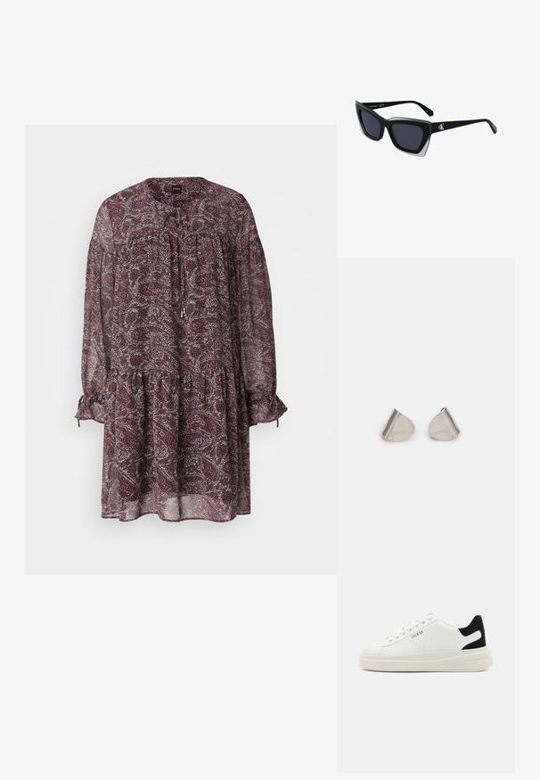 Rochie fluidă, transparentă, de culoare vișinie închisă, cu un model floral. Prezintă un decolteu rotund, detalii cu fundă și mâneci împădurite cu mansete elastice.; Adidași din piele albă cu o talpă groasă albă, accent de călcâi din suede negru și logo embosat pe lateral. Design cu șireturi și șase orificii.; Ochelari de soare supradimensionați, negri, cu o formă geometrică, având lentile întunecate și un detaliu gri contrastant pe ramă. Logo pe braț.; Cercei din metal argintiu cu o formă netedă, în formă de lacrimă și un finisaj lucios. Gravuri subtile adaugă detalii. Design minimalist.