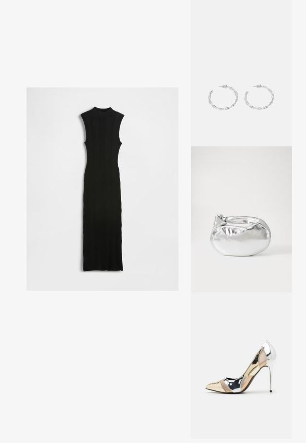 Svart ribbet strikket ermeles maxi-kjole med høy krage, figurnær passform og rett silhuett. Tekstuert stoff med minimale detaljer.; Spiss-tå høyhælte sko med en fargekomposisjon av sølv, gull og nude. Glanset overflate med utskjæringsdesign, med en stiletto hæl.; Sølvfarget metallisk poseveske med en myk, avrundet form og en knyttet topplukking. Laget av glatt imitert skinn.; Sølv hoops øredobber med en tvistet design, som har en polert finish og bakstøtte. Mål omtrent 3 cm i diameter.
