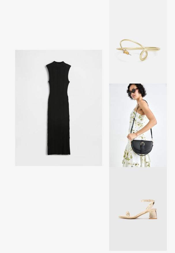 Črna rebrasta pletena brezrokavna maksi obleka z visokim ovratnikom, obliko, ki se prilega telesu, in ravno silhueto. Teksturna tkanina z minimalnimi detajli.; Zlate metalne sandale na visoki petek z angularnim blok petkom, dvema trakoma nad stopalom in nastavljivim trakom za gleženj. Gladka tekstura.; Črna usnjena torbica s ukrivljeno obliko, z odstranljivo naramnico in zlatimi dodatki. Torbica ima pokrov s podrobnostmi v obliki zaponke.; Zlato obarvan kovinski zapestnica s tekočim, ukrivljenim dizajnom. Ima majhen, izstopajoč srebrn poudarek na enem koncu.
