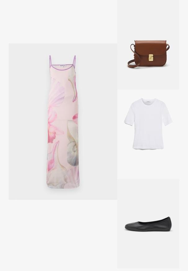 Αμάνικο μάξι φόρεμα σε απαλό ροζ ύφασμα, με μεγάλες ανθισμένες εκτυπώσεις σε αποχρώσεις ροζ και λευκού, καθώς και ελαφριές μωβ τιράντες και περιθώριο.; Άσπρο κοντομάνικο μπλουζάκι φτιαγμένο από ριγέ ύφασμα. Στρογγυλή λαιμόκοψη, κανονική εφαρμογή και διακριτές λεπτομέρειες ραφής. Χωρίς σχέδια ή γραφικά.; Μαύρο δερμάτινο μπαλαρίνι με στρογγυλή μύτη, λεία υφή, ελάχιστες λεπτομέρειες ραφής και σχεδίαση ευέλικτης σόλας.; Καφέ δερμάτινη τσάντα χειρός με κλείσιμο καπάκι, χρυσές λεπτομέρειες, ιμάντα ώμου και λεία υφή. Συμπαγές ορθογώνιο σχήμα.