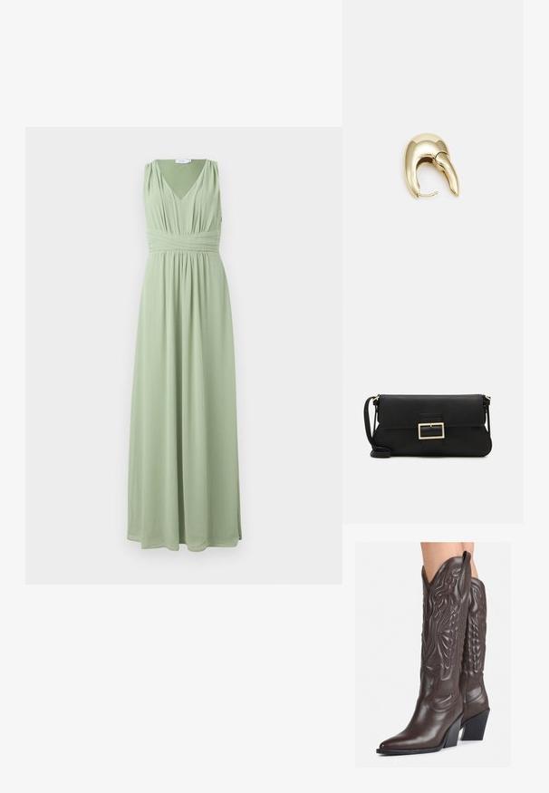 Maxiklänning i ljusgrön, med V-ringning, ärmlös design, rynkad midja och flödande tygtextur. Slät, odekorerad yta.; Bruna lädercowboystövlar med spetsig tå och klossklack, med detaljerad sömnad och upphöjda accenter på skaftet.; Svart läderkuvertväska med en klaff och detalj i guldmetallspänne. Innehåller en svart rem och en elegant, minimalistisk design.; Örhänge i guldtonad metall med en elegant, böjd design. Har en distinkt spetsig form, polerad yta och gångjärnslås.