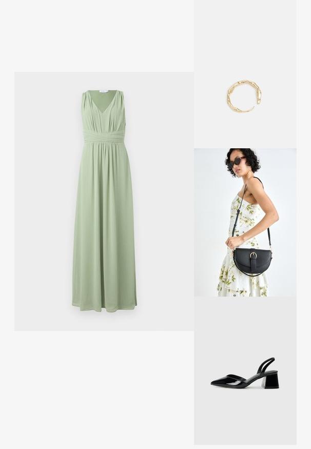 Maksikleita gaiši zaļā krāsā, ar V-veida kakla izgriezumu, bez piedurknēm, ar savilktu jostasvietu un plūstošu auduma tekstūru. Gluda, neizpušķota virsma.; Melna lakota āda ar atvērto papēdi, ar smailu purngalu un ģeometrisku blokpapēdi. Iezīmējas elegants, minimāls dizains un gluda tekstūra.; Melnas ādas rokassoma ar izliekta formu, noņemamu siksnu un zelta aksesuāriem. Somai ir vāciņš ar sprādzes detaļu.; Zelta toņa gredzens ar organisku, vērptu dizainu, gludu virsmu un sašaurinātiem galiem, radot mūsdienīgu, skulpturālu izskatu.