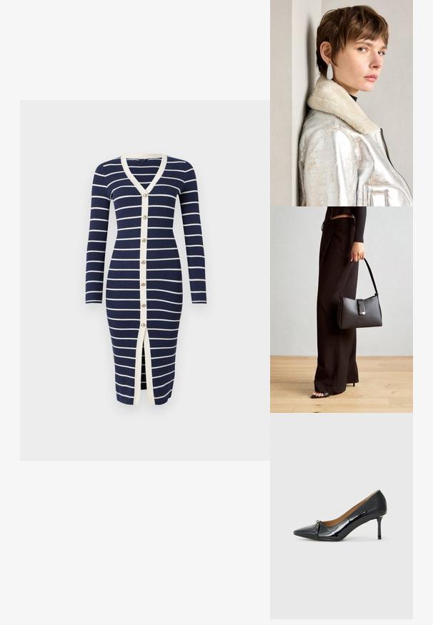 Marineblå ribbestrikket kjole med hvite striper, V-hals, lange ermer, knappelukking foran og en midtspalte. Har kremfarget kanting.; Sorte patent lær høyhælte sko med spiss tå, dekorativ stroppdetalj foran og tynn stiletthel.; Svart håndveske med strukturert form, jevn tekstur og metallisk lås. Kombinert med brede svarte bukser og sandaler med åpen tå på tregulv.; Sølvmetallisk lærjakke med lammeskinnskrage, med glidelås og strukturert overflate. Store dråpeformede øredobber med klare edelstener.