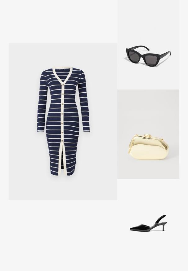 Marineblå ribbestrikket kjole med hvite striper, V-hals, lange ermer, knappelukking foran og en midtspalte. Har kremfarget kanting.; Sorte patent lær slingback-heler med spiss tå, lav stilettostøvel og et stilrent, enkelt design uten dekorasjoner.; Sorte katteau solbriller med mat finish, featuring grå tonede linser, skarpe vinkler og slanke sidearme. Merkenavn synlig på den indre armen.; Metallisk gull clutch med en glatt, rund form, med en toppknapp-lås og et lite kjede for bæring.