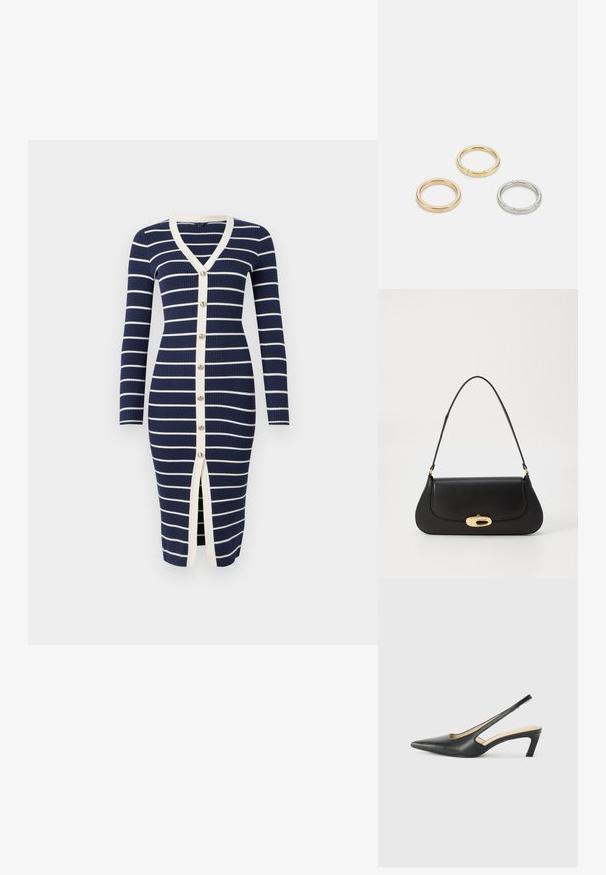 Mornarska rebrasta obleka z belimi črtami, V-izrezom, dolgimi rokavi, zapenjanjem na gumb in središnjim razporkom. Ima kremno obrobo.; Črne čevlje s koničastimi nosovi in slingback obliko z nizko peto, izdelane iz gladke usnjene materiale ter s črtasto zasnovo na strani za prezračevanje.; Črna usnjena torba s ukrivljeno zasnovo, z zlatimi dodatki in zgornjim ročajem. Ima eleganten zapirni mehanizem in gladko teksturo.; Trije kovinski prstani: eden rožnato zlati, eden zlat z teksturiranimi detajli in eden srebrn, vsi z vgraviranim logotipom na notranji strani.