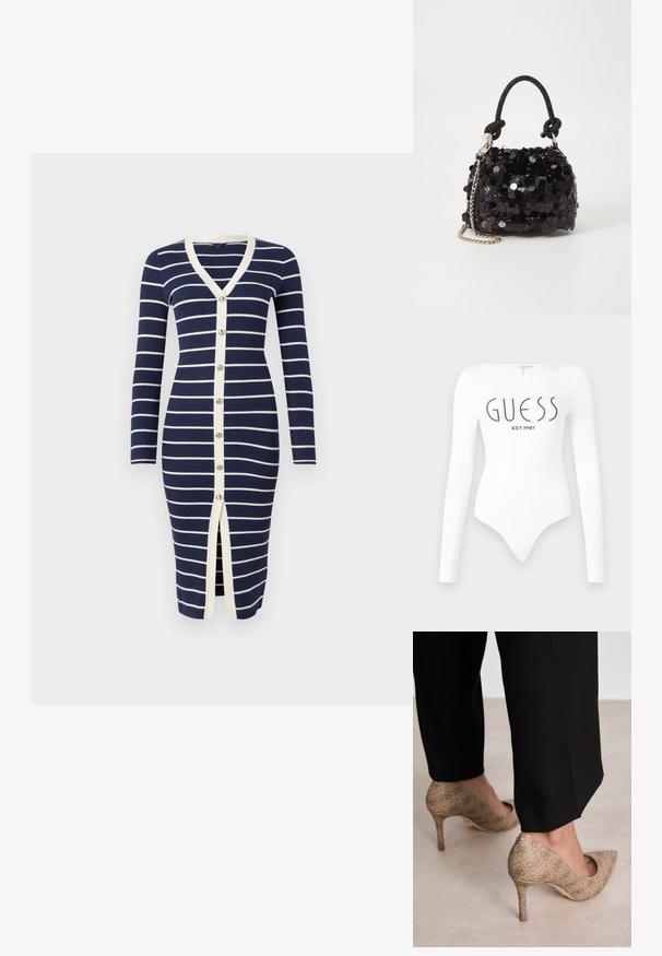 Tamsiai mėlyna juostuota suknelė su baltais dryžiais, V formos iškirpte, ilgomis rankovėmis, mygtukų užsegimu priekyje ir centriniu įpjovimu. Suknelė puošdama kreminės spalvos apdaila.; Baltos ilgomis rankovėmis bodis su apvaliu iškirpimu. Priekyje juodu spalva yra atspausdinta "GUESS" logotipas ir "EST.1981". Lygus paviršius.; Smėliniai aukštakulniai bateliai su tekstūruotu audiniu, kuriame yra pasikartojanti tekstūra. Išgaubtas pirštas, su užpakaline akcentu ir auksiniu kulno detaliu.; Juodas blizgučių mini rankinukas su mazguotu tekstūruotu dirželiu ir sidabro grandine. Suapvalinta forma su susiraukšlėtopu ir atspindinčiomis detalėmis.