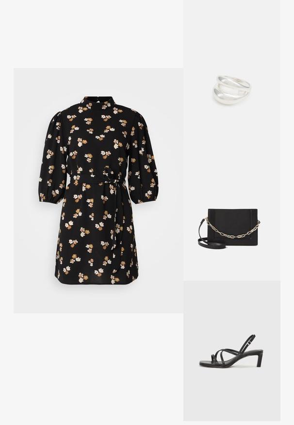 Juoda gėlių suknelė su aukštu kaklu, pūstomis rankovėmis, juosmeniu rišamu diržu ir baltais bei rudi gėlių raštais visoje suknelėje.; Juodi šlepetės su kvadratiniu pirštu ir žemu bloku kulnu. Yra keli ploni dirželiai ir reguliuojamas kulkšnies diržas. Pagaminti iš lygios odos.; Juodas odinis per petį nešiojamas krepšys turi lygų paviršių, stačiakampio formą ir metalinę grandinėlę priekyje. Pridedama reguliuojama dirželis.; Sidabrinis dvigubas žiedas su lygiu, poliruotu paviršiumi. Pasižymi sklandžiu, kreiptu dizainu su persipinančiomis dalimis, suteikiančiomis modernų išvaizdą.