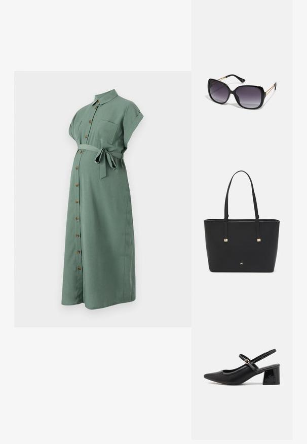 Zöld, térd alá érő ruha rövid felgöngyölt ujjal, gombos elülső résszel és derékmeghúzóval. Mellzsebe van és fa-szerű gombokkal rendelkezik.; Fekete lakk bőr, pántos magassarkú cipő, hegyes orral, lekerekített kivágással és tömbsarkal. Arany színű csat díszíti.; Fekete, oversize napszemüveg fokozatos árnyalatú lencsékkel, vastag kerettel és arany színű lánc díszítéssel a szárakon.; Fekete tote táska szintetikus anyagból, egyszerű téglalap formájú dizájnnal, arany négyzet díszítésekkel és dupla fogantyúkkal.