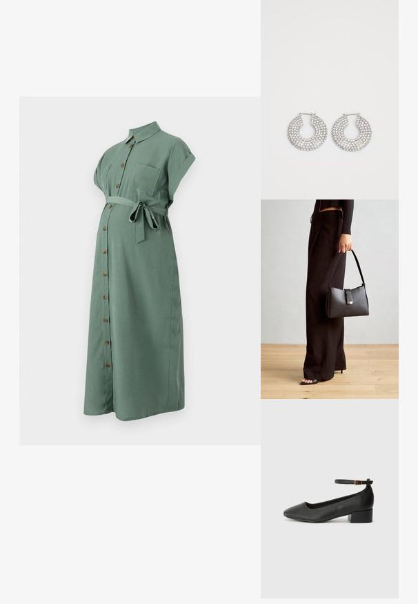 Abito verde, lunghezza al ginocchio, con maniche corte arrotolate, chiusura frontale con bottoni e cintura in vita. Presenta una tasca sul petto e bottoni simili al legno.; Pump in pelle nera con punta affusolata e tacco basso a blocco. Presenta una cinghia alla caviglia con una fibbia in tonalità oro. Texture liscia.; Borsa nera con forma strutturata, texture liscia e una chiusura metallica. Abbinata a pantaloni neri larghi e sandali open-toe su un pavimento in legno.; Orecchini a cerchio in argento decorati con numerosi abbellimenti in cristallo trasparente, con una superficie testurizzata e un design circolare aperto.