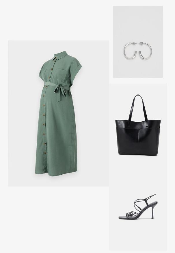 Zelené šaty po kolená s krátkymi vyrolovanými rukávmi, predným zapínaním na gombíky a pásom v páse. Obsahujú náprsné vrecko a gombíky s dreveným vzhľadom.; Čierne sandále na vysokom podpätku majú tenké remienky s uzlovým dizajnom, hladký štvorcový špičku a elegantný stiletto podpätok.; Čierna kožená tote taška s dvoma dlhými rúčkami, hladkým povrchom a štruktúrovaným tvarom. Obsahuje prednú kapsu pre dodatočné uskladnenie.; Strieborné kruhové náušnice s hladkým a lesklým povrchom. Okrúhly tvar, ľahký dizajn, s uzáverom na kolík.