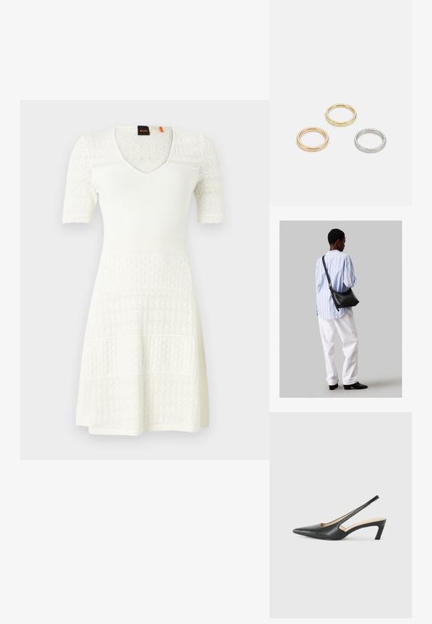 Balta adīta kleita ar īsām piedurknēm, V veida kakla izgriezumu, rakstainām svītrām un izplešamu apakšmalu. Iekļauj rakstu dizainu pa sekcijām.; Melna, ar smailu purngalu, slingback kurpe ar zemu papēdi, izgatavota no gludas ādas materiāla un ar izgriezumiem sānos gaisa caurlaidībai.; Melna ādas plecu soma ar mīkstu tekstūru, trīsstūra formu un regulējamu siksnu, apvienota ar gaiši zilu svītrotu krekli un baltām biksēm.; Trīs metāla gredzeni: viens rozā zeltā, viens zeltā ar teksturētiem akcentiem un viens sudraba, visiem ar iegravētām zīmola atzīmēm iekšējā joslā.