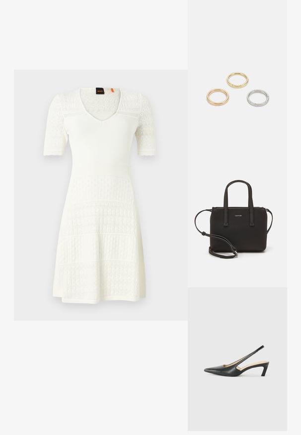 Balta megzta suknelė su trumpomis rankovėmis, V formos iškirpte, tekstūriniais raštais ir platėjančiu apvadu. Detalės su raštuojamu dizainu per skirtingas dalis.; Juodas smailus slingback batelis su žemu kulnu, pagamintas iš lygaus odos paviršiaus ir su išpjovomis šone, užtikrinančiomis oro pralaidumą.; Juoda rankinė su dviem trumpais rankenėlėmis ir nuimamu petį. Lygaus odos tipo medžiaga su užtrauktuku ir logotipo detale.; Trys metalinės žiedai: vienas rožinės aukso, vienas auksinis su tekstūruotais akcentais ir vienas sidabrinis, visi su įmintu ženklinimu vidinėje juostoje.