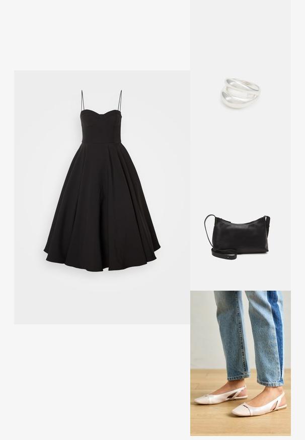 Juodas suknelė su plonais petnešėlėmis, prigludusia liemene ir plačiu, iki kelių siekiančiu sijonu. Lygus audinys, švarios linijos be jokių papildomų puošmenų.; Šviesiai rožiniai slingback baleto bateliai su smailiu pirštu, pagaminti iš lygios odai panašios medžiagos. Yra išpjovimų detalės šonuose ir plokščias kulnas.; Juodas odinis petinis krepšys su lygiu paviršiumi, išlenkta forma, reguliuojama dirželiu ir užtrauktuku. Minimalistinis dizainas be puošmenų.; Sidabrinis dvigubas žiedas su lygiu, poliruotu paviršiumi. Pasižymi sklandžiu, kreiptu dizainu su persipinančiomis dalimis, suteikiančiomis modernų išvaizdą.