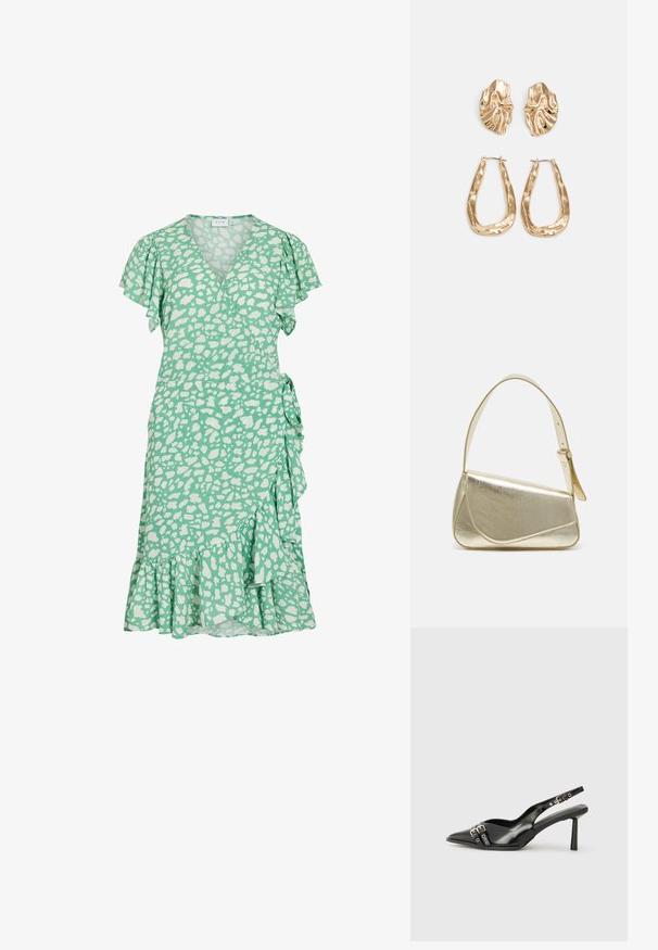 Grønn kjole med omslagdesign, korte volangermer og hvite abstrakte flekker. Har en utsvingt hem og sidetilknytning for justering av passform.; Sorte patentlær slingback-sko med spiss tå, ankelremmer med sølvspenner og detaljer, og en slank hæl.; Gullfarget metallisk håndveske med en strukturert design, glatt tekstur og justerbar stropp. Har en unik trekantet form og minimalistisk søm.; Gullfargede øredobber med teksturerte, bølgete former. Inkluderer skulpturelle klipsstuds og åpen hoop-design med en hamret finish.