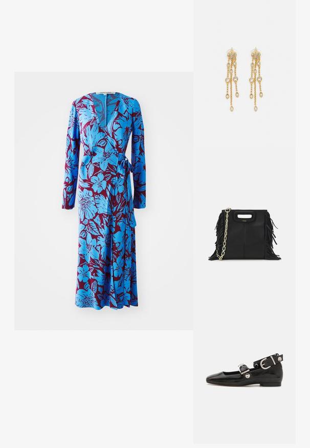 Modra cvetna obleka z dolgimi rokavi, ki ima drzen burgundski ozadje in pasni trak. Mehka tkanina z gladko teksturo.; Črne lakaste balerinke s kvadratnim prstom, trakovi okrog gležnja z zlatimi dodatki in ravnim podplatom. Gladka tekstura z minimalističnim dizajnom.; Črna usnjena ročna torba z detajli fringa, zlatim verigo za rame in izrezanim ročajem. Na sprednji strani je nameščen logotip.; Zlato-tonirane uhane z več kaskadnimi verigami, ki vključujejo prozorne ovalne kamenčke in okrasne zgornje dele.