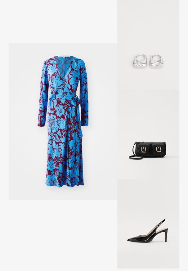 Blå blommig omlottskift med långa ärmar, med en djärv bourgogneröd bakgrund och midjeband. Mjukt tyg med en slät yta.; Svart patenterat läder slingback pumps med spetsig tå, smal klack och en subtil utskärning. Har en guldbuckle på remmen.; Svart läderaxelväska med två framfickor, guldspännen, dragkedjestängning och en smal rem. Texturerad yta och kompakt rektangulär form.; Silverfärgade hoopörhängen med en slät, rundad design och en vågig accent med små, klara rhinestones längs en kant.