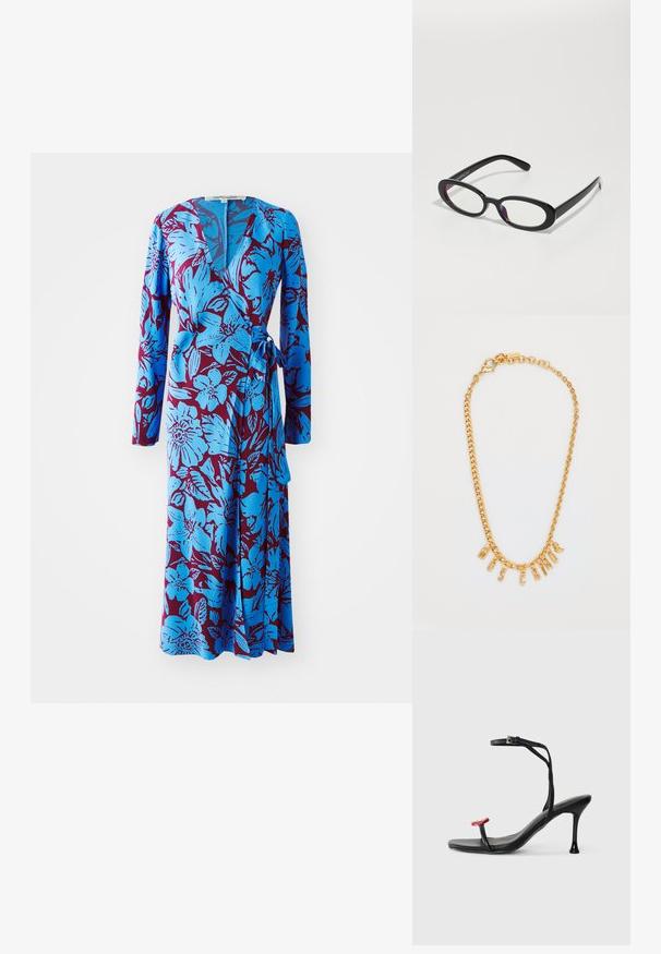 Mėlyna gėlių rašto suknelė su ilgomis rankovėmis, turinti drąsų bordo fono ir juosmens raištį. Minkšta medžiaga su lygiu paviršiumi.; Juodos aukštakulnės šlepetės su plona kulkšnies juosta ir raudonu akcentu ant piršto. Yra modernus dizainas ir blizgus paviršius su stileto kulnu.; Ovalios juodos akinių rėmeliai su skaidriais lęšiais, pasižymintys sklandžiu paviršiumi ir plačiais šventyklėlėmis. Lęšiai turi subtilią violetinę atspalvį. Logotipas šone.; Auksinė grandinėlė su pakabuku, ant kurio užrašytas žodis "MOSCATO." Lygi tekstūra, su vėrinukų užsegimu ir skirtingų dydžių grandinėmis.