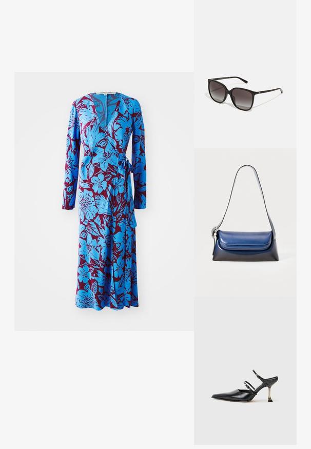 Vestido envolvente azul com estampado floral e mangas longas, apresentando um fundo burgundy ousado e um laço na cintura. Tecido suave com uma textura lisa.; Sapatilha slingback preta de couro com bico fino, duas alças ajustáveis e um salto metálico. Textura suave e design minimalista.; Óculos de sol retangulares pretos com lentes graduadas, estrutura em plástico e detalhe em metal no suporte. Design clássico com textura suave.; Bolsa de mão de couro azul-marinho com um acabamento suave, apresentando uma forma arredondada, parte superior dobrada e uma alça de ombro única. Inclui detalhes em hardware prateado.