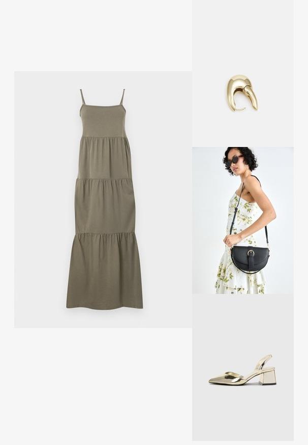Rochie maxi fără mâneci, de culoare verde măslin, cu un corp ajustat și fustă cu volane în straturi, pentru o siluetă relaxată. Fabricată dintr-un material moale.; Pantofi cu toc slingback metalici aurii, cu vârf ascuțit și toc chunky. Textură netedă, design minimalist și o curea subțire.; Geantă din piele neagră, cu o formă curbată, curea detașabilă și accesorii aurii. Geanta are un capac cu un detaliu tip cataramă.; Cercei din metal de culoare aurie cu un design elegant și curbat. Prezintă o formă distinctivă, ascuțită, o suprafață lustruită și un sistem de închidere cu balama.