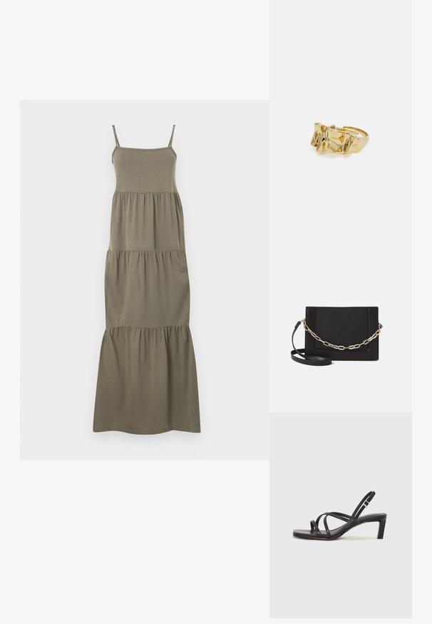 Vihreä oliivinvärinen, hihaton maksimekko, jossa on istuva yläosa ja kerroksellinen, röyhelöskirt, joka luo rentoa siluettia. Valmistettu pehmeästä kankaasta.; Mustat hihnalligat, joissa on neliön muotoinen kärki ja matala lohkokorko. Ominaisuuksiin kuuluu useita ohuita hihnoja ja säädettävä nilkkahihna. Valmistettu sileästä nahasta.; Musta nahkainen olkalaukku, jossa on sileä pinta, suorakulmainen muoto ja metalliketju yksityiskohtana edessä. Mukana säädettävä hihna.; Kullanışlı bir ayarlanabilir yüzüğe sahip, üç belirgin zirveye sahip dokulu, dalgalı düzene sahip altın yüzük. Düzgün, parlak yüzey ve açık bant ile tasarlanmış.