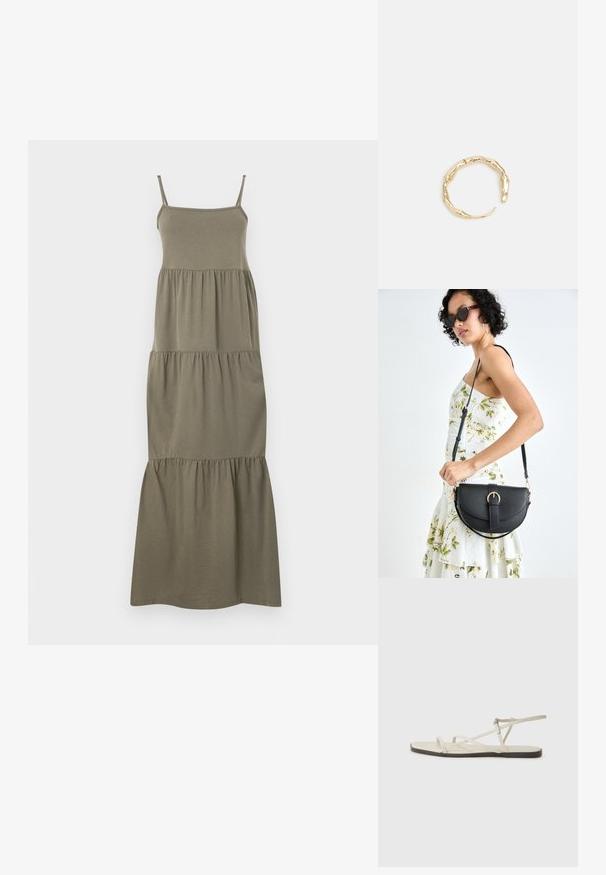 Maslinasto zelena, bez rukava, maksi haljina s tijesnim korzetom i slojevitom, volanastom suknjom za opuštenu siluetu. Napravljena od mekog materijala.; Bež sandala na ravnom potplatu s više tankih trakica i podesivom kopčom. Potplat je ravan s blagim tamnim kontrastom na rubu.; Crna kožna torba s lukovitim oblikom, odvojivim remenom i zlatnim detaljima. Torba ima preklop s kopčom.; Prsten u zlatnoj nijansi s organskim, uvijenim dizajnom, glatkom teksturom i suženim krajevima, koji stvara moderan, skulpturalni izgled.