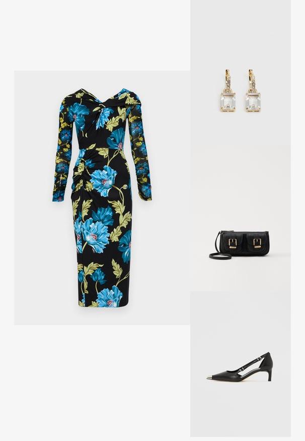 Diane von Furstenberg RICH DRESS - Denní šaty - dark teal; Černá kožená botička s nízkým podpatkem, špičatou stříbrnou špičkou a dvěma pásky s přezkami na bílém pozadí.; Černá kožená crossbody taška se dvěma předními kapsami, zlatými přezkami, zipovým uzávěrem a štíhlým popruhem. Texturovaný povrch a kompaktní obdélníkový tvar.; Náušnice ve zlatém odstínu s obdélníkovým, průhledným krystalem zavěšeným pod řadou malých, kulatých průhledných akcentů. Elegantní, moderní design.