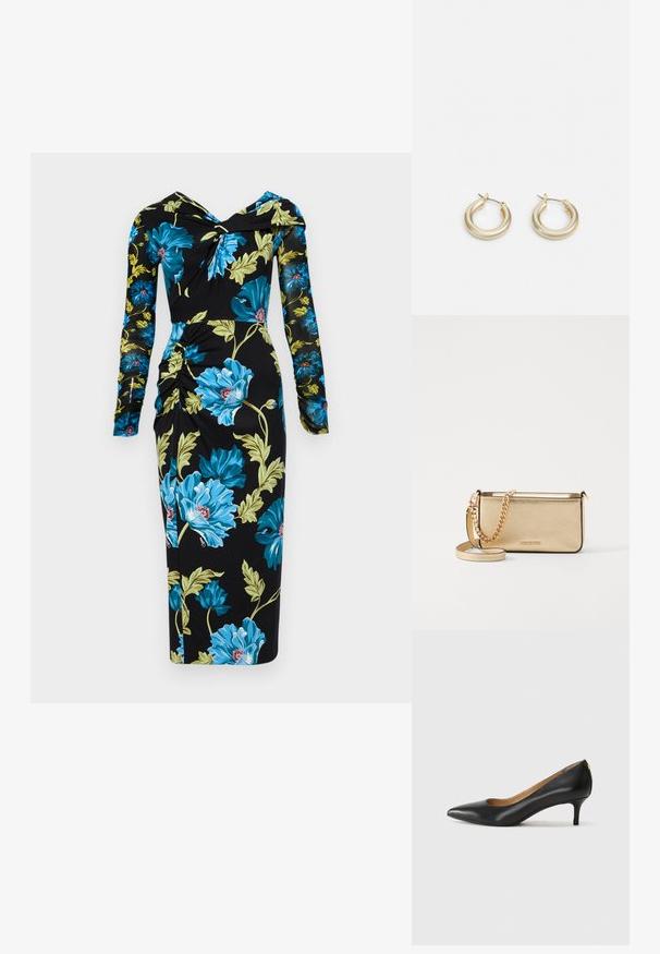 Diane von Furstenberg RICH DRESS - Dnevna haljina - dark teal; Crne kožne cipele s uskim vrhom, niskom petom i glatkom teksturom. Imaju blago otvaranje sprijeda i minimalne metalne detalje straga.; Metalna zlatna kožna torbica s teksturiranom površinom, opremljena zlatnim lancem i uklonjivom naramenicom. Utisnuti logotip branda.; Lauren Ralph Lauren BASIC SMALL HOOP - Naušnice - gold-coloured