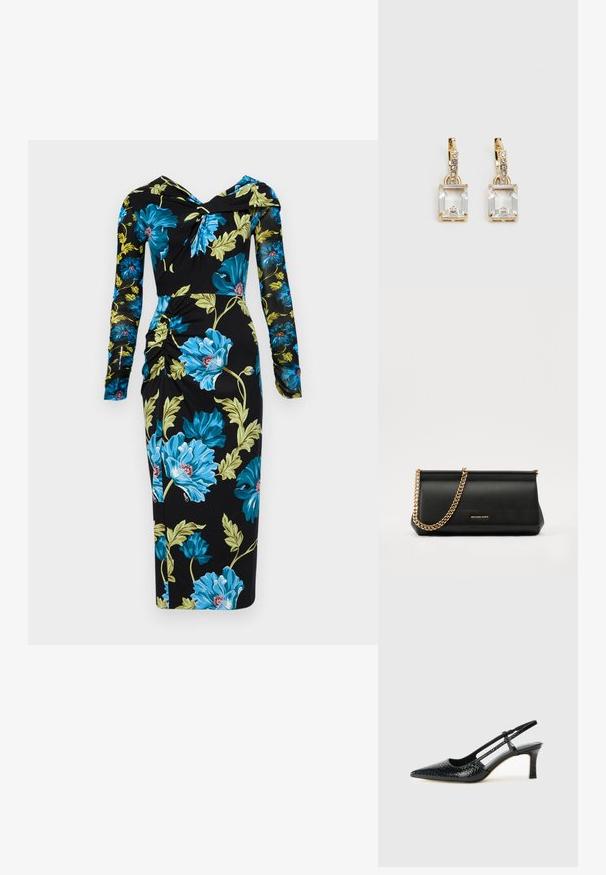 Diane von Furstenberg RICH DRESS - Dnevna haljina - dark teal; Crne lakirane slingback pete s oštrim vrhom, s teksturiranim uzorkom zmijske kože, podesivom remenom i kratkom, teksturiranom blok-petom.; Crna kožna torbica sa zlatnim lančićem, koja se odlikuje glatkom teksturom, pravokutnim oblikom i utisnutim brendom na prednjoj strani.; Zlatne naušnice s pravokutnim, prozirnim kristalom koji visi ispod niza malih, okruglih prozirnih akcenata. Elegantni, moderni dizajn.