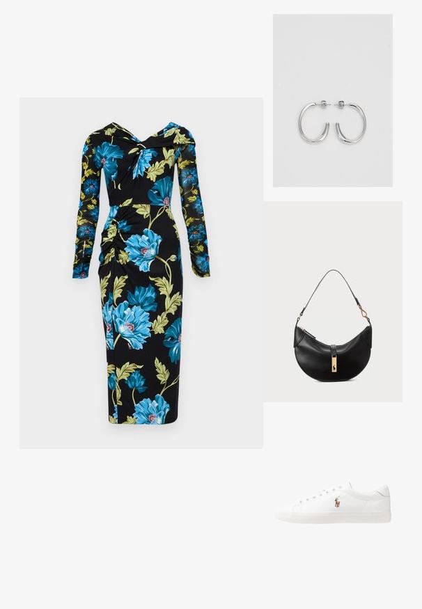Diane von Furstenberg RICH DRESS - Vapaa-ajan mekko - dark teal; Valkoiset nahkakengät, matala malli, jossa on sileä pinta, pyöreä kärki, nauhakiinnitys edessä ja pieni brodeerattu logo sivulla.; Musta nahkalaukku puolikuun muotoisena. Varustettu kultaisilla yksityiskohdilla ja kapealla hihnalla. Tasainen pinta, vetoketjukiinnitys ylhäällä.; Hopeiset korvarenkaat, joissa on sileä ja kiiltävä pinta, kaareva muoto ja piikkikiinnitys. Minimalistinen muotoilu modernilla viimeistelyllä.
