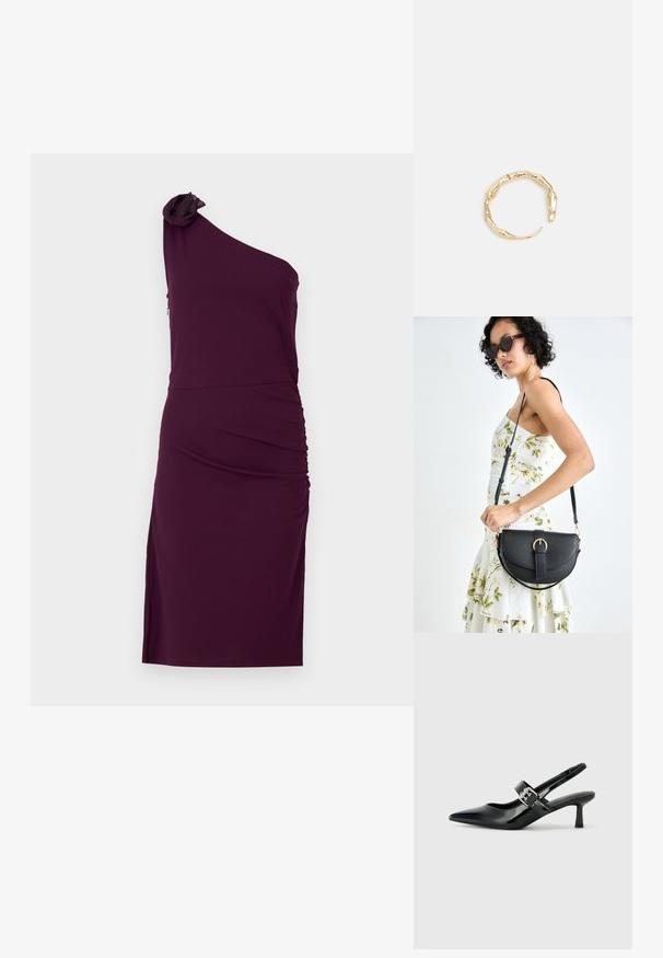 Üks õlg, ploomivärvi kleit, millel on kortsutatud disain, õlal tekstuuriga lille aktsent ja vormiv siluett.; Mustad patenteeritud nahast sildiga kontsad, millel on terav nina ja väike plokk-konts, mille rihmal on hõbedane pandla aksessuaar.; Mustmust mustraha kõverate joontega, eemaldatava rihmaga ja kuldsete detailidega. Kotil on klapp, millel on pandladetail.; Kuldtoonis sõrmus, millel on orgaaniline, keerdunud disain sileda tekstuuri ja kitsenevate otstega, luues kaasaegse skulptuurilise välimuse.