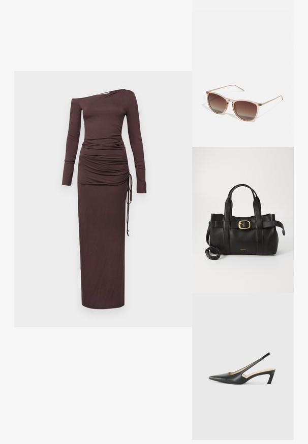 Langes, einärmliges, braunes Kleid aus weichem Stoff, mit einem gerafften Design und seitlichen Kordelzugdetails. Sanfte, enganliegende Silhouette.; Schwarzer spitz zulaufender Slingback-Schuh mit niedrigem Absatz, der aus glattem Leder gefertigt ist und seitliche Ausschnitte für Atmungsaktivität aufweist.; Braune Farbverlauf-Sonnenbrille mit einem durchscheinenden rosa Rahmen, quadratischer Form und dünnen Metallbügeln. Verfügt über abgerundete Kanten und minimale Details.; Schwarze Lederhandtasche mit strukturiertem Design, doppelten oberen Griffen, goldfarbenem Schnallenakzent und geprägtem Markenlogo auf der Vorderseite.