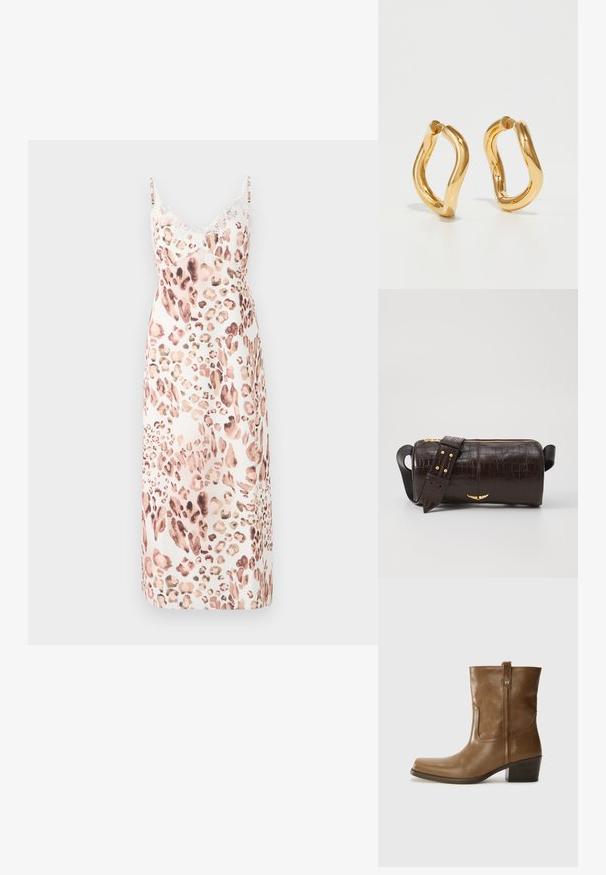 Abito midi con stampa leopardata in tessuto morbido, dotato di spalline regolabili e delicato pizzo sul colletto. Palette di colori: beige, marrone, rosa pallido.; Stivale alla caviglia in pelle marrone con punta quadrata, finitura testurizzata e tacco basso incassato. Dotato di un pratico tassello posteriore e dettagli di cucitura sottili.; Borsa in pelle stampata a coccodrillo marrone con forma cilindrica, accessori in tonalità oro e una tracolla staccabile con borchie.; Orecchini a cerchio color oro con una forma curva e irregolare e una superficie liscia e lucida. Nessun hardware o accenti visibili.