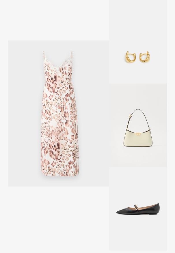 Leopardenmuster Midi-Kleid aus weichem Stoff, mit verstellbaren Trägern und feiner Spitzenkante am Ausschnitt. Farbpalette: beige, braun, sanftes pink.; Schwarze Leder-Ballerinas mit spitzer Zehe und einem Seitenriemen, der mit einem runden goldenen Akzent verziert ist. Leichtgewichtig mit einer flachen Sohle.; Lederhandtasche in Creme mit einer geschwungenen Form. Verfügt über ein goldfarbenes Logo-Detail und einen dünnen, verstellbaren dunklen Tragegurt.; Goldene Creolen mit einem glatten, runden Design und einer polierten Oberfläche. Die Ohrringe haben eine kompakte, klobige Form und einen nahtlosen Verschluss.