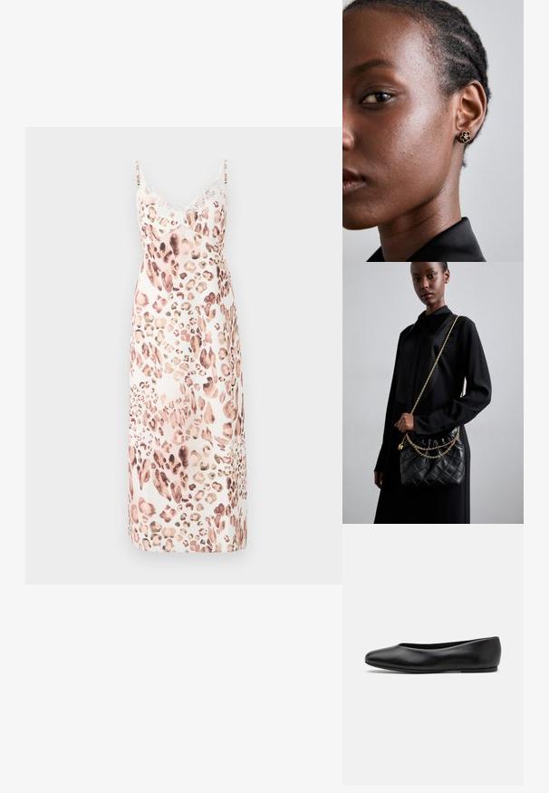 Midi haljina s uzorkom leoparda od mekog materijala, s podesivim trakama i delikatnom čipkastom obradom na izrezu. Paleta boja: bež, smeđa, mekano ružičasta.; Paul Smith TOPANGA - Balerinke - black; Crna naslagana kožna torba s naboranim vrhom, zlatnim lančićem i pravokutnim oblikom, držana uz jednostavnu pozadinu.; Zlatne cvjetne naušnice sa teksturiranim crnim središtem i delikatnim detaljima. Na profilu su vidljive modelove bistre kože i pletena kosa.