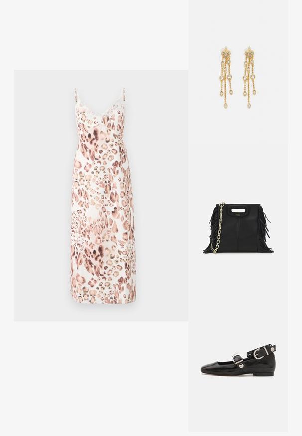 Leopard print midi dress in soft fabric, featuring adjustable straps and delicate lace trim at the neckline. Color palette: beige, brown, soft pink.; Black patent leather flat shoe with a squared toe, ankle strap featuring silver hardware, and flat sole. Smooth texture with minimalist design.; Black leather handbag with fringe details, gold chain shoulder strap, and a cut-out handle. Features logo placement on the front.; Gold-tone earrings with multiple cascading chains, featuring clear oval rhinestone accents and decorative stud tops.
