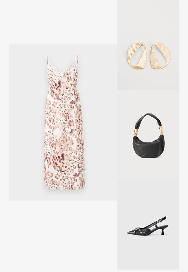 Leopard print midi dress in soft fabric, featuring adjustable straps and delicate lace trim at the neckline. Color palette: beige, brown, soft pink.; Black leather slingback shoe with a pointed toe, decorative straps featuring metal eyelets, and a low block heel. Textured surface.; Black leather handbag with a round shape, soft texture, and a knotted handle featuring gold-tone hardware accents. Zipper closure.; Pair of irregular oval-shaped gold-toned metal earrings with a textured, slightly hammered surface on a white background.
