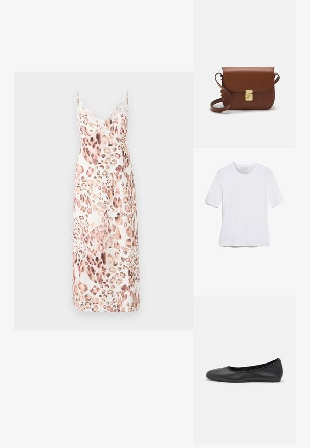 Midi-mekko leopardikuvioinnilla pehmeässä kankaassa, jossa on säädettävät olkaimet ja herkät pitsireunat kaula-aukossa. Värimaailma: beige, ruskea, vaalea vaaleanpunainen.; Valkoinen lyhythihainen t-paita, joka on valmistettu ribbytedusta kankaasta. Pyöreä pääntiie, normaali istuvuus ja hienovaraiset ompeluyksityiskohdat. Ei kuvioita tai grafiikkaa.; Musta nahkainen ballerina, jossa on pyöristetty kärki, sileä pinta, minimaalinen ommelkoristelu ja joustava pohjamuotoilu.; Ruskea nahkainen käsilaukku, jossa on läppäkiinnitys, kultasävyiset yksityiskohdat, olkahihna ja sileä pinta. Kompaktin suorakaiteen muotoinen.